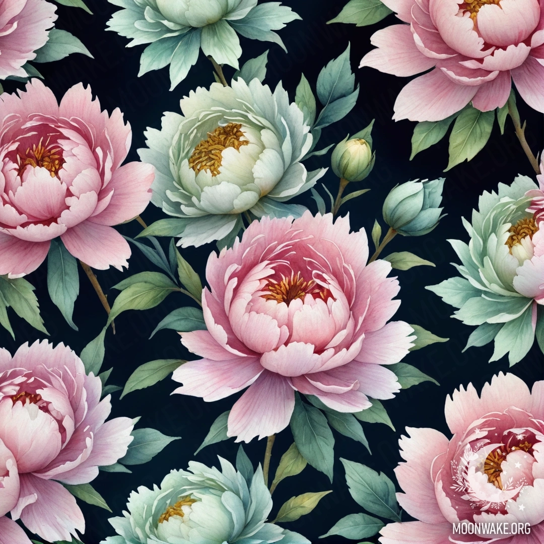 A watercolor painting of a beautiful peony in mint color, depicted at night.