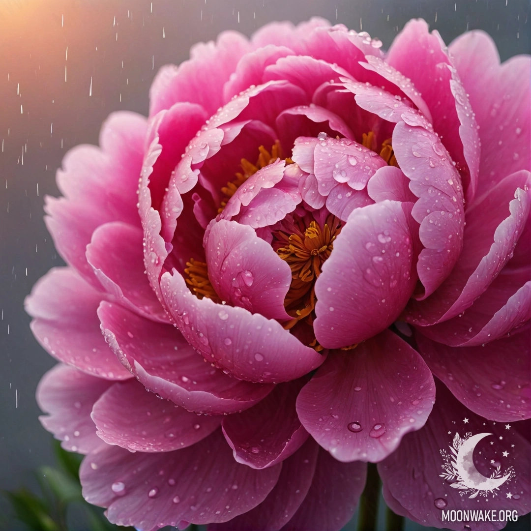 Fuchsia Peony under Rain at Sunset A fuchsia peony drenched in rain during sunset, sparkling with glitter.