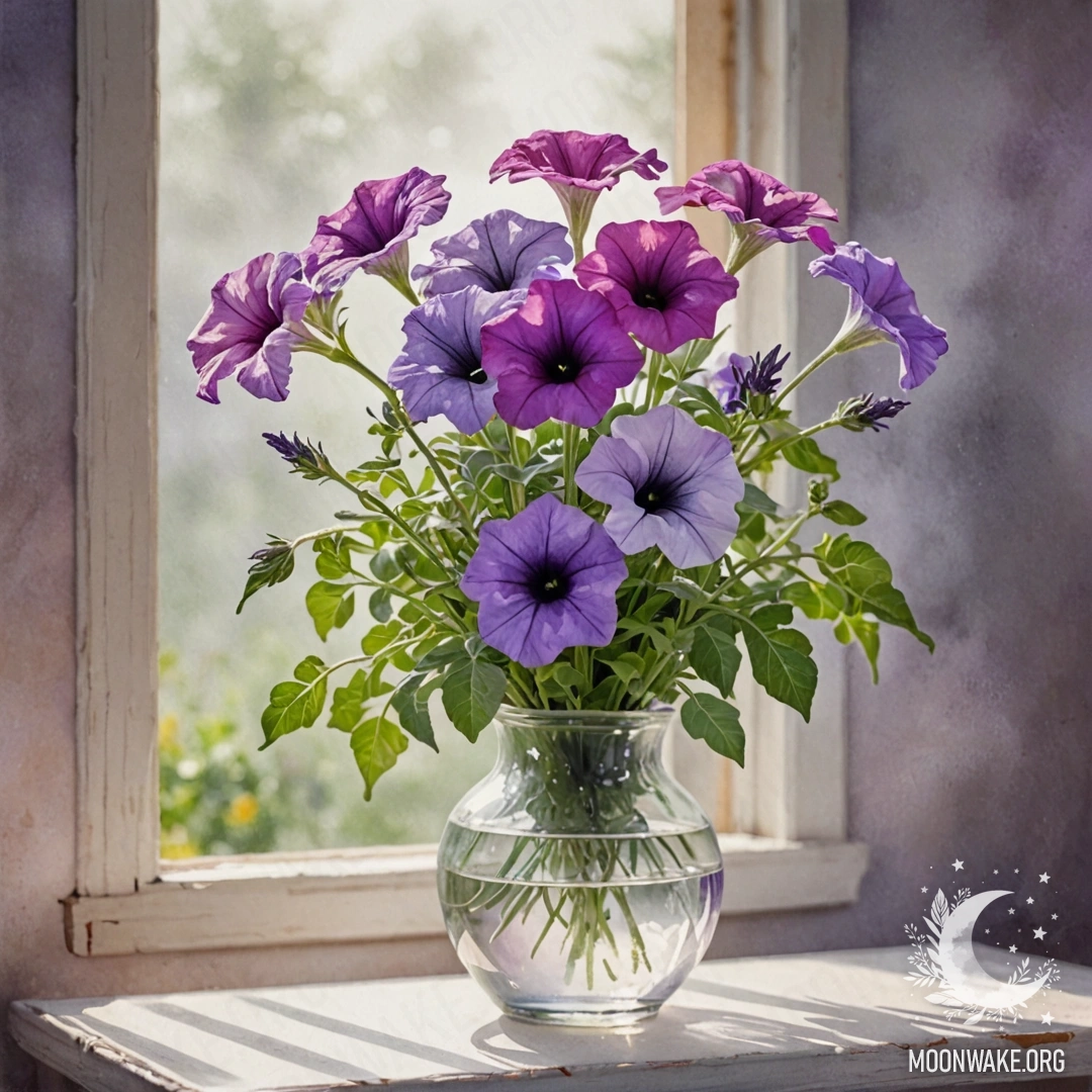 A delicate watercolor painting of a petunia in a lavender vase surrounded by mist and sunlight.