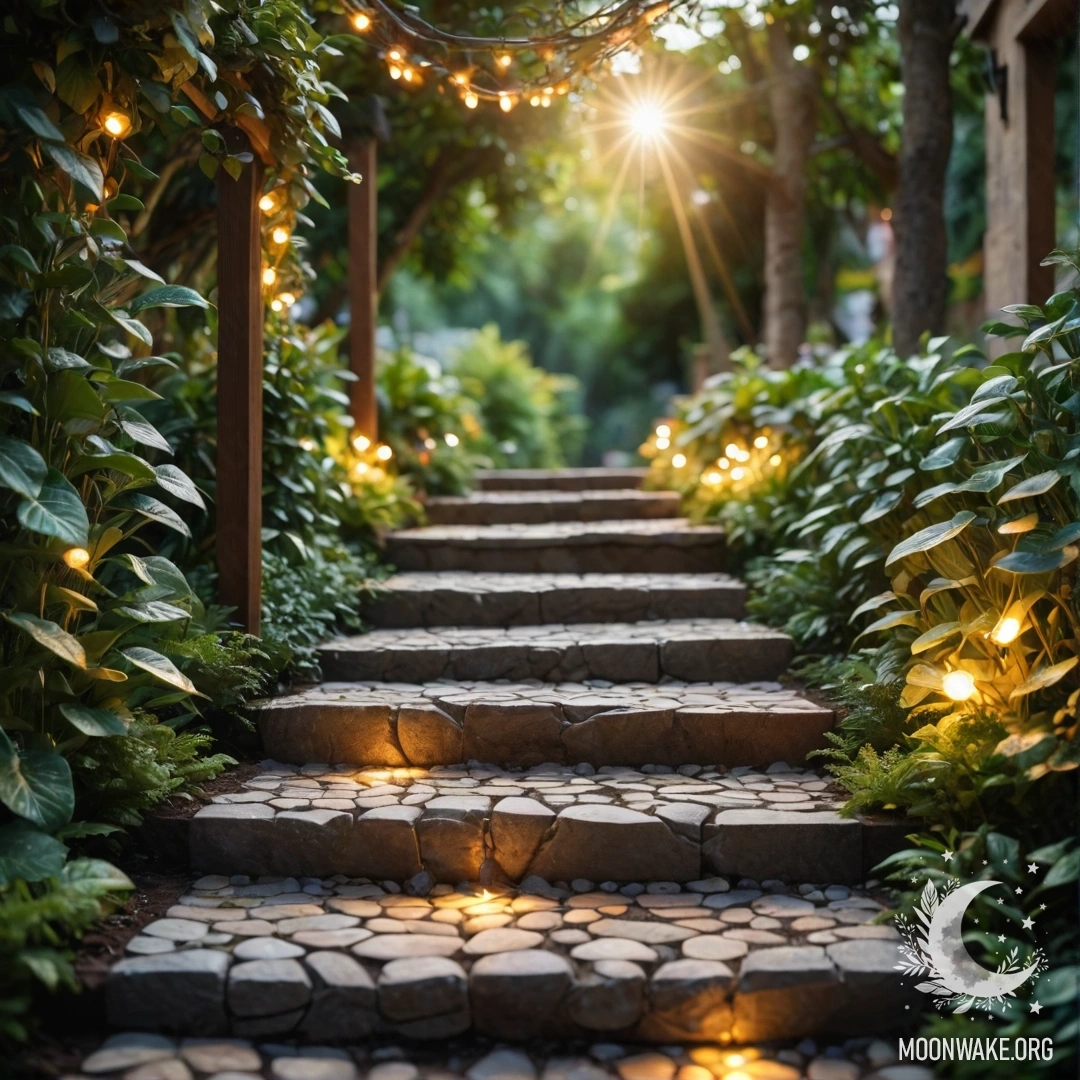 A beautiful garden pathway made of stones, illuminated with light garlands and surrounded by a wooden staircase, with sun rays shining through.