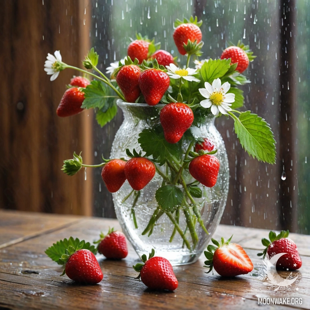 A glass vase on a wooden wall background filled with strawberries and flowers under the rain.