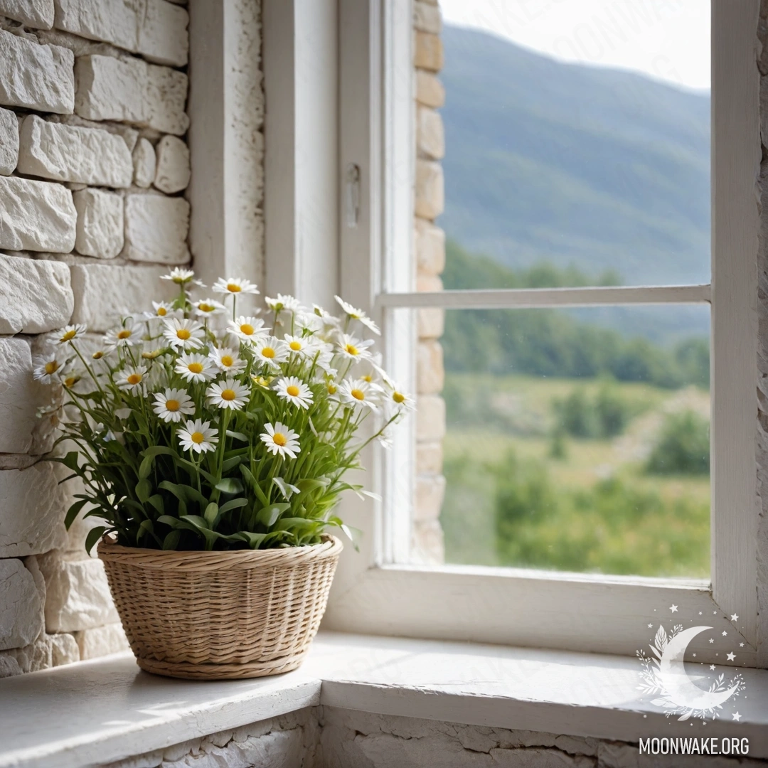 A photorealistic image of an open window with a basket of daisies on the sill against a white stone wall.