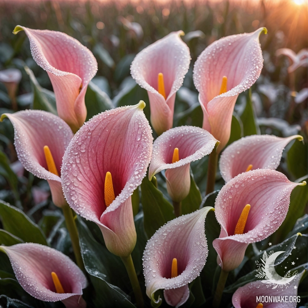 A bouquet of pink calla lilies covered in frost at sunset.