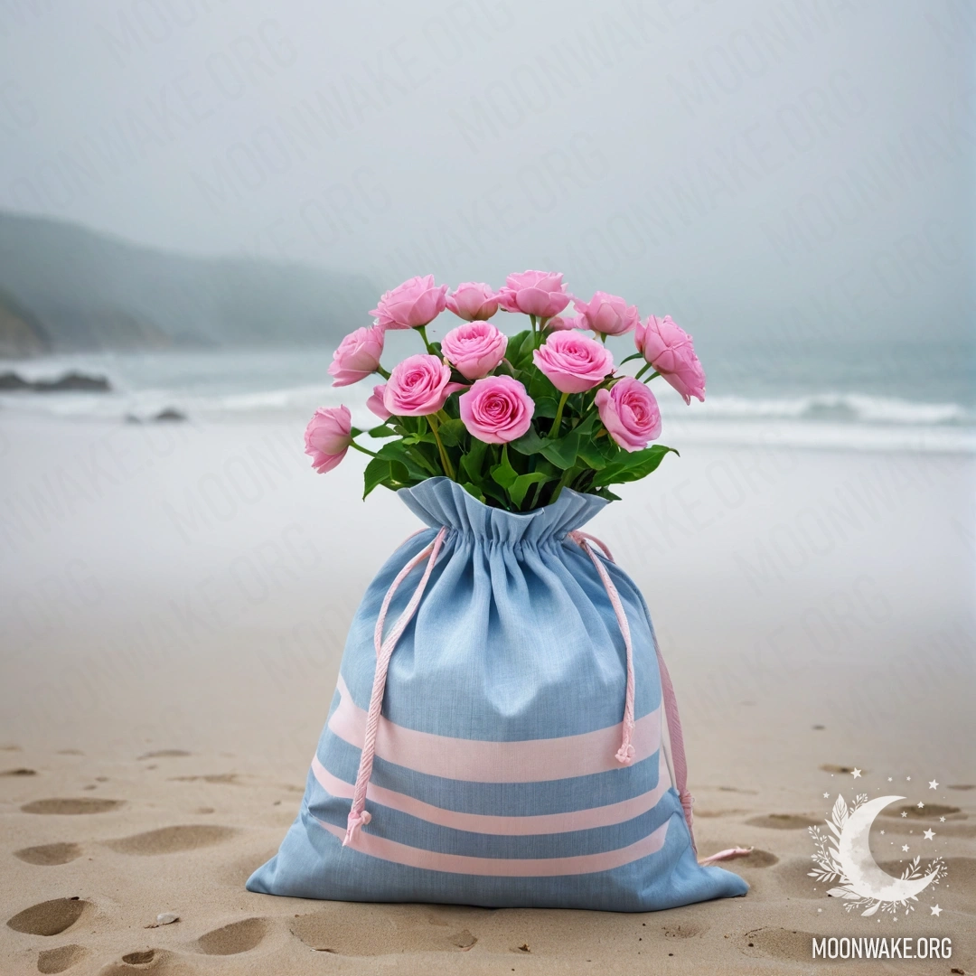 A white and blue striped bag filled with pink flowers on a beach.