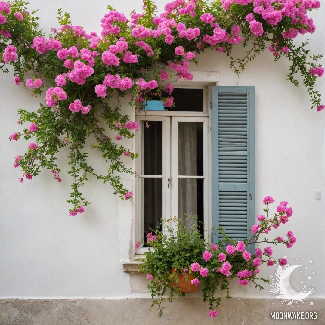 A branch of delicate pink flowers against a white wall, with windows and shutters.
