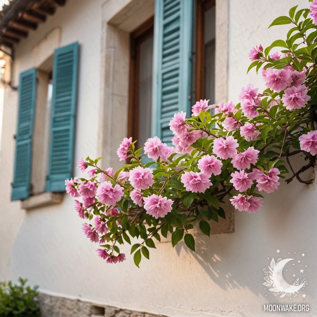 A branch with delicate pink flowers against a white wall of an Italian house with windows and shutters.