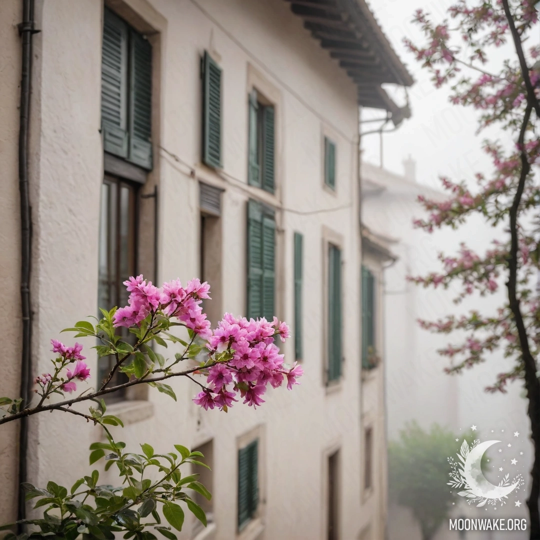 A branch of pink flowers against a white wall with windows and shutters of an Italian house, surrounded by dense mist.