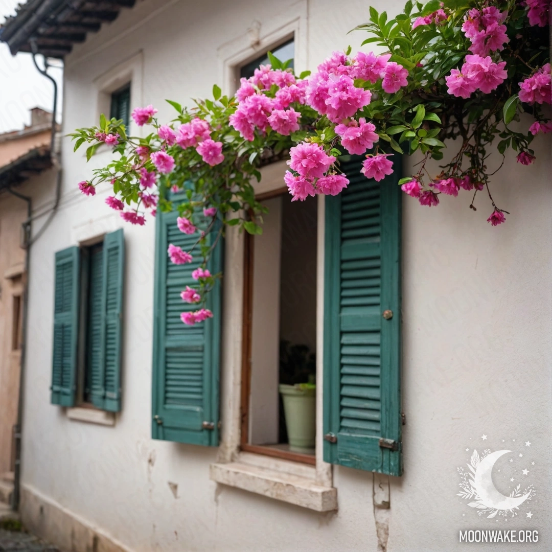 A branch with delicate pink flowers against a white wall with windows and shutters, blurred by rain.