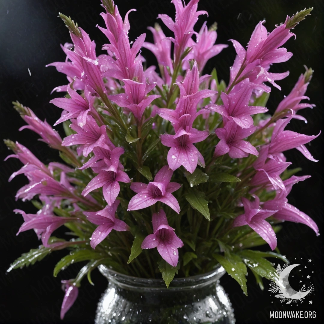 A vase with pink lobelia flowers under the rain at night.