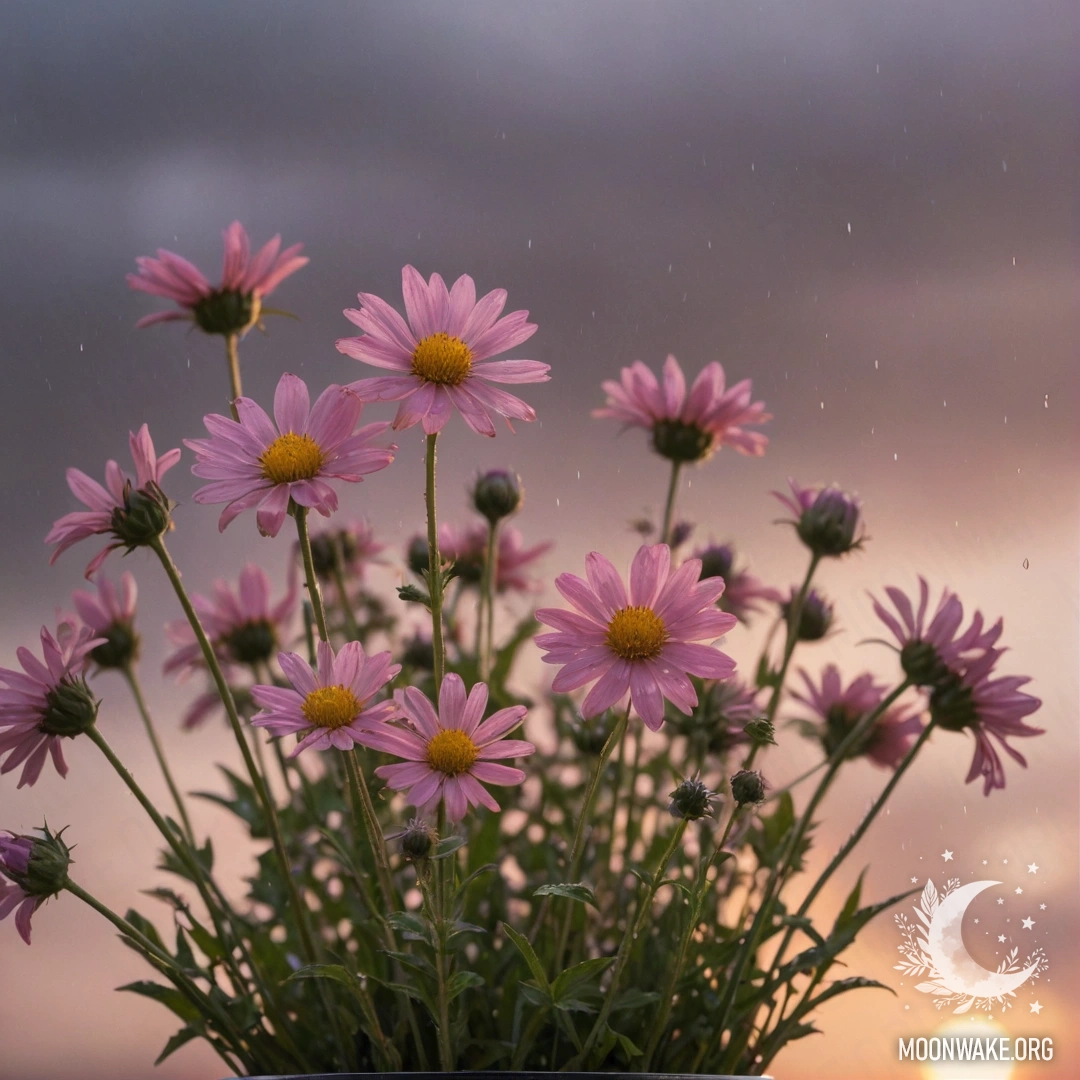 A vase with pink wildflowers, gently swaying under the rain at sunset.