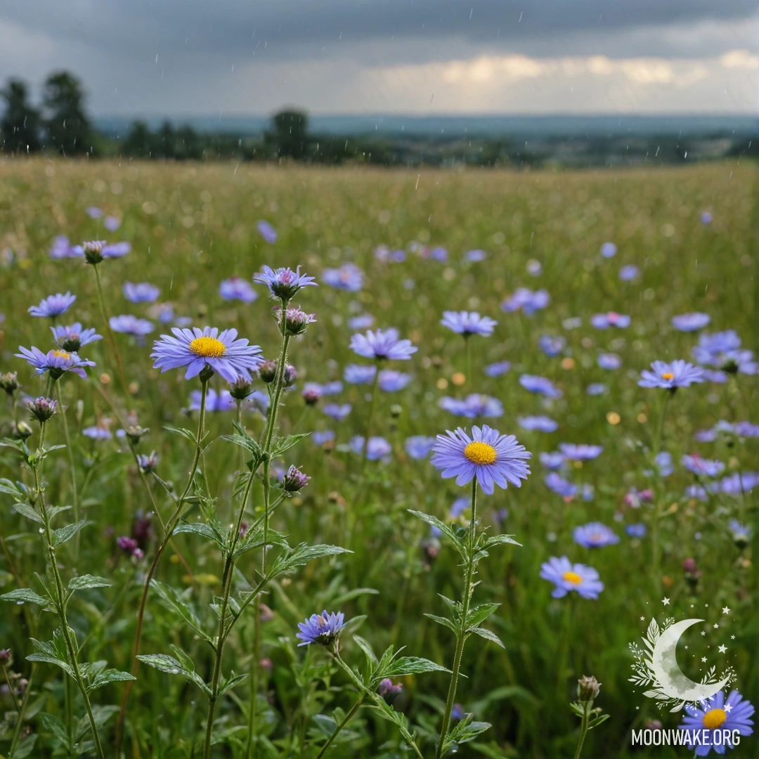 Close-up of beautiful field flowers with drops of rain against a bokeh sky.