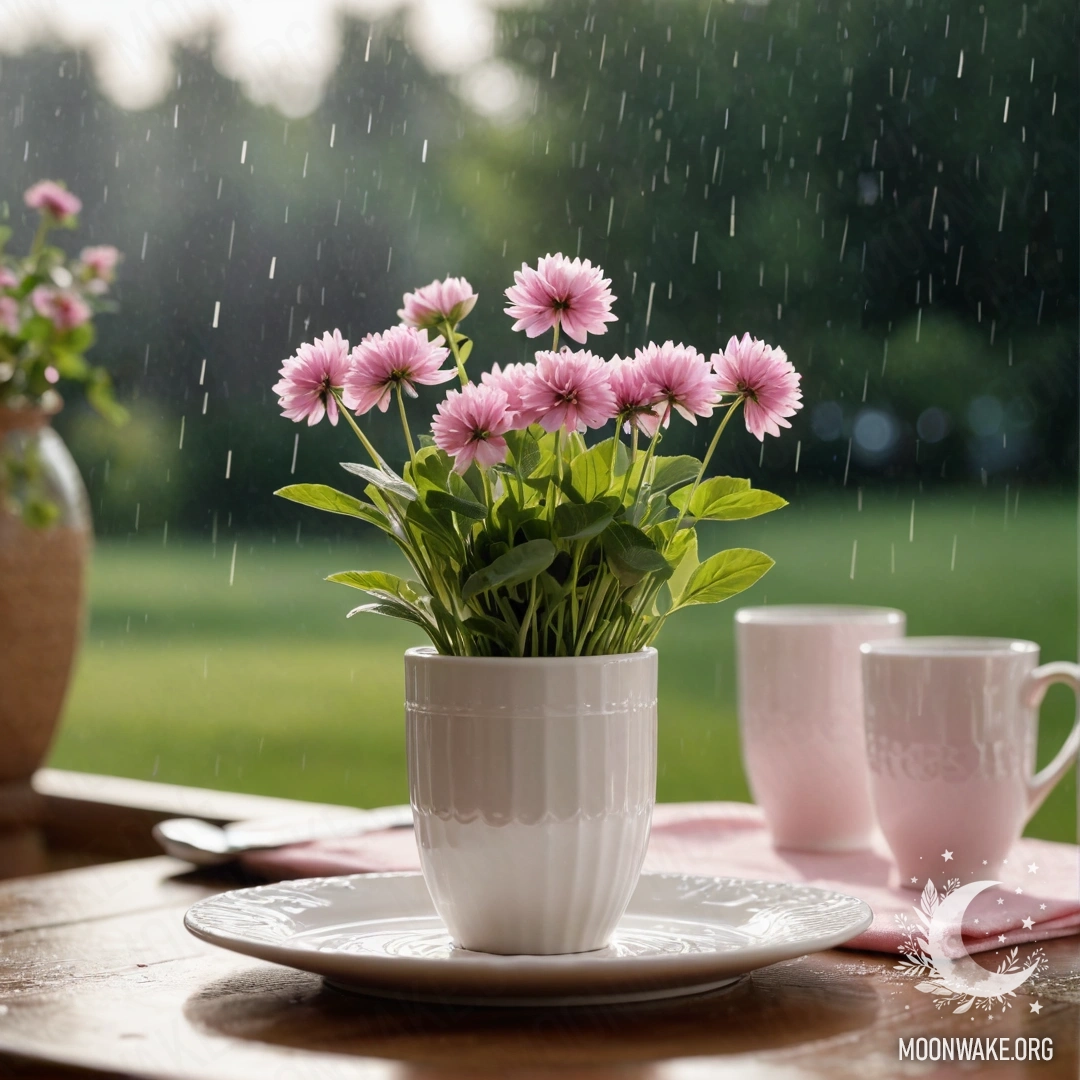 A round straw napkin with white porcelain cups featuring a pink pattern and a clover in a white vase, all under gentle rain.