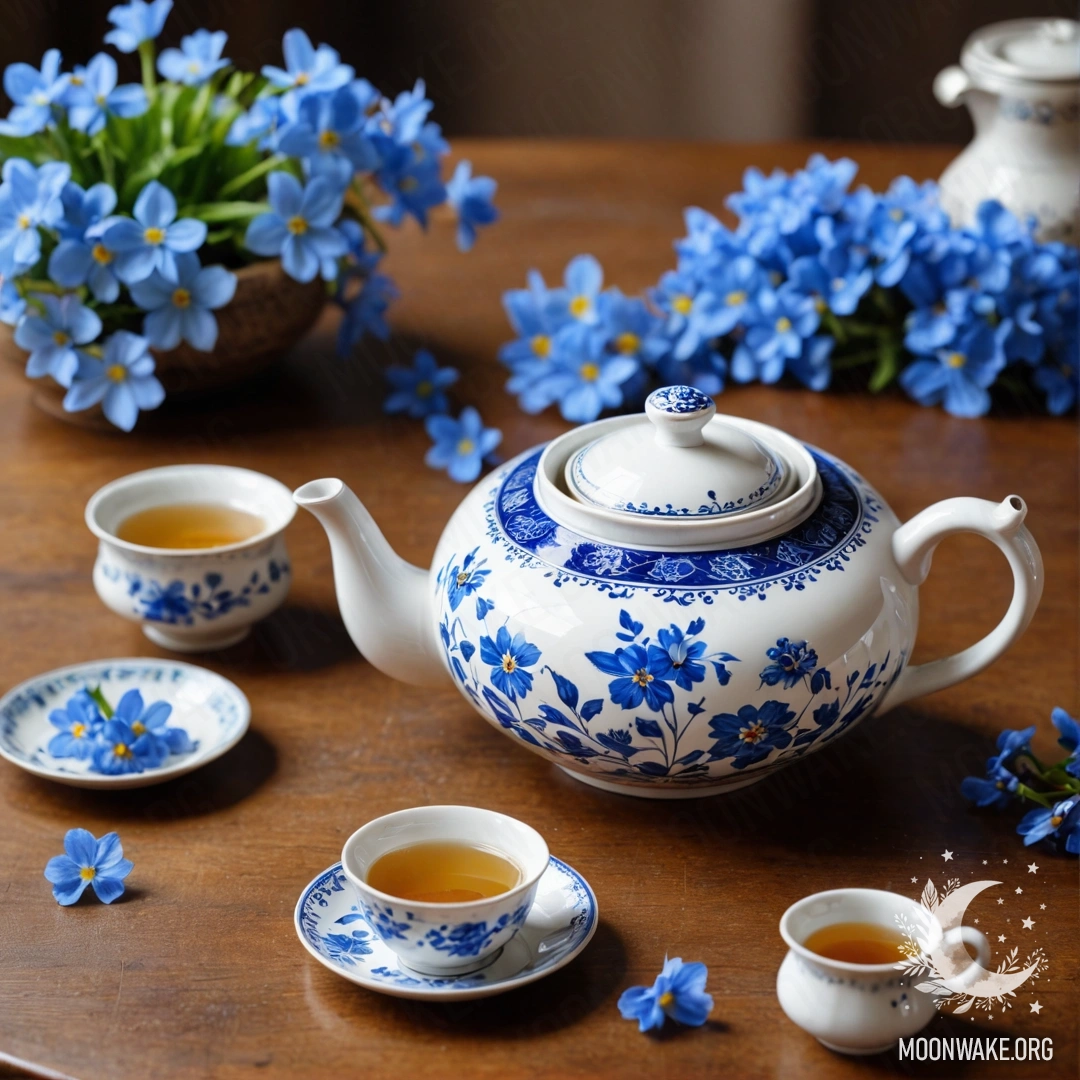 Porcelain Teapot with Blue Flowers A round wooden table with a porcelain teapot and blue flowers inside.