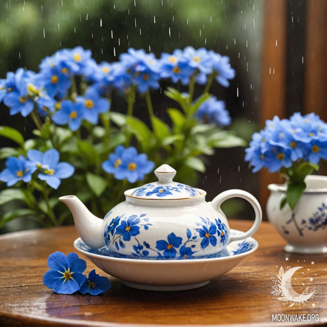 Porcelain Teapot with Blue Flowers A round wooden table with a porcelain teapot filled with blue flowers under the rain.