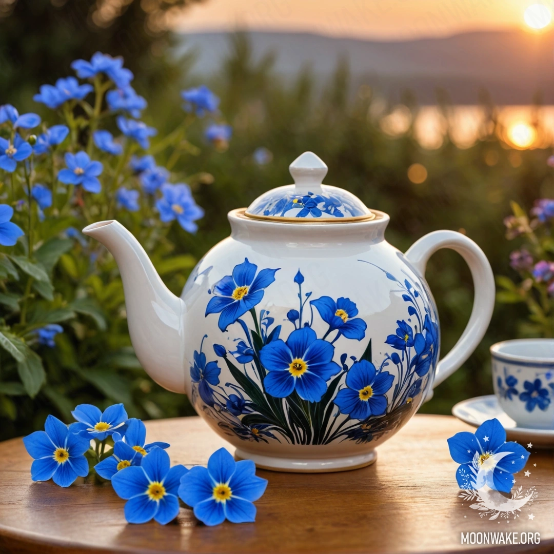 Porcelain Teapot with Blue Flowers A round wooden table with a porcelain teapot adorned with blue flowers against a sunset backdrop.