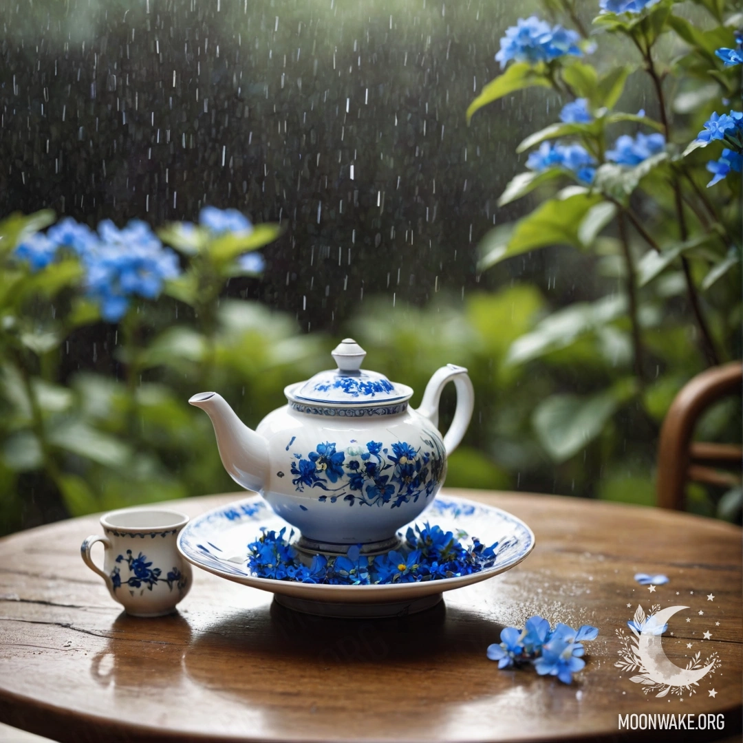A round wooden table with a porcelain teapot filled with blue flowers under the rain.