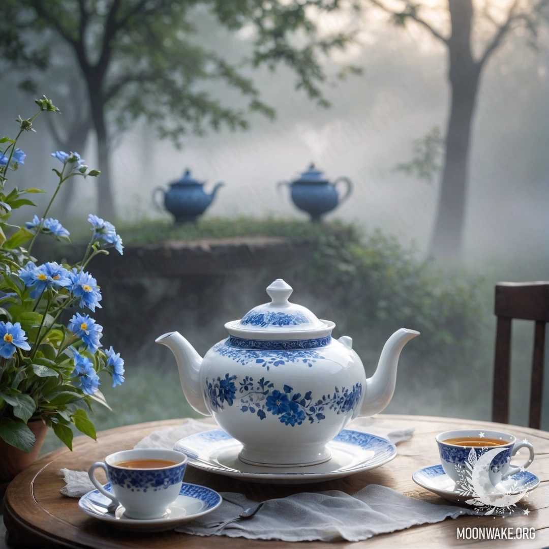 Porcelain Teapot with Blue Flowers in Misty Ambiance A round wooden table adorned with a porcelain teapot holding blue flowers, enveloped in thick mist.