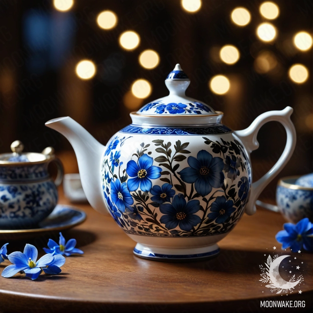 Porcelain Teapot with Blue Flowers at Night A round wooden table with a porcelain teapot containing blue flowers at night.