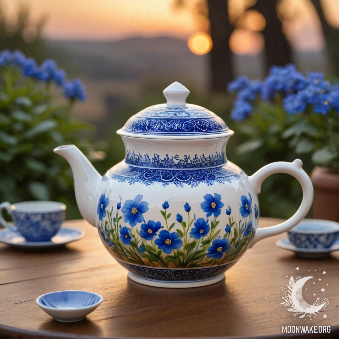 A round wooden table with a porcelain teapot filled with blue flowers, set against a sunset background.