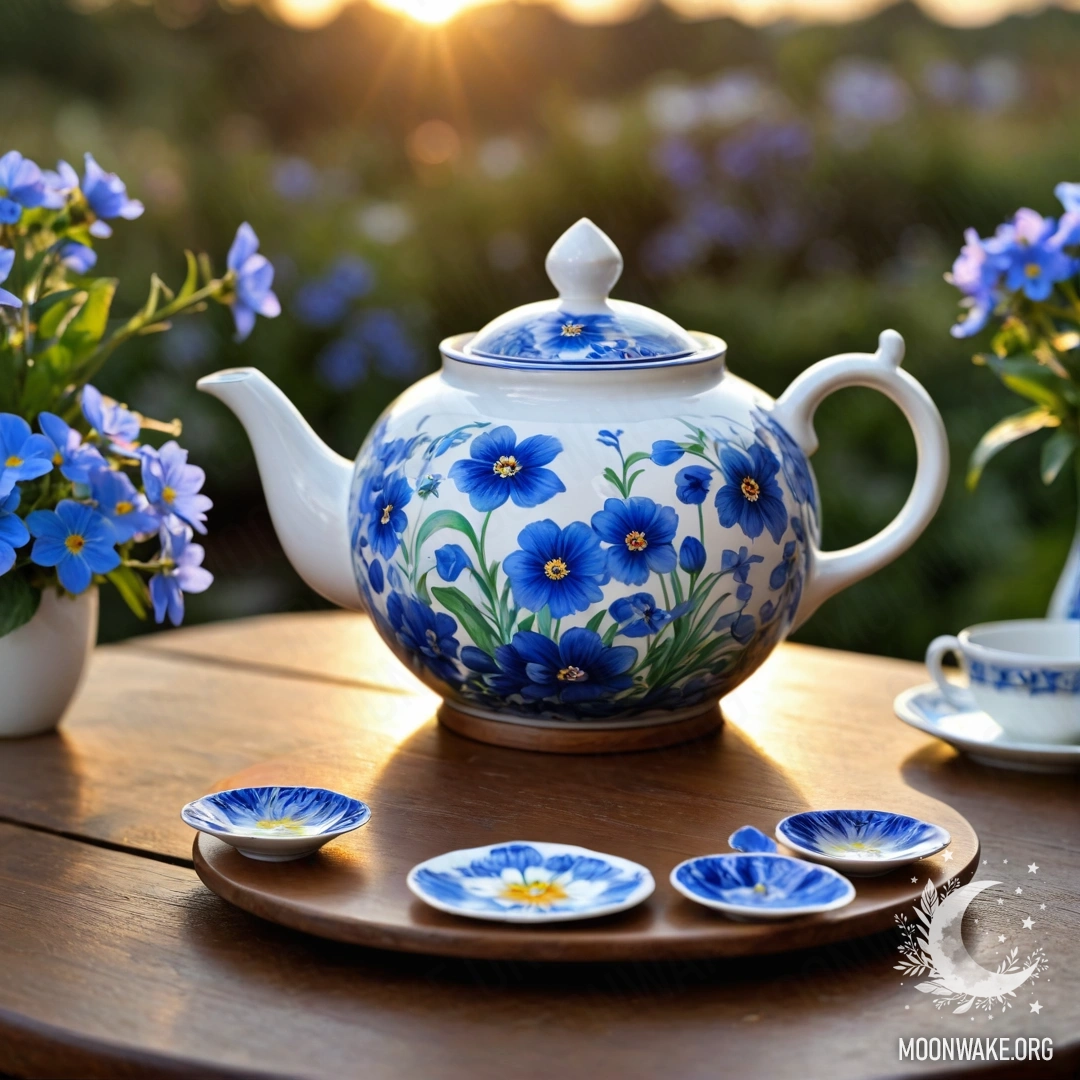 Porcelain Teapot with Blue Flowers at Sunset A round wooden table holds a porcelain teapot with blue flowers against a sunset backdrop.