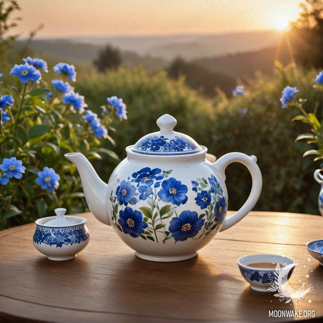 A round wooden table with a porcelain teapot decorated with blue flowers, set during sunset.