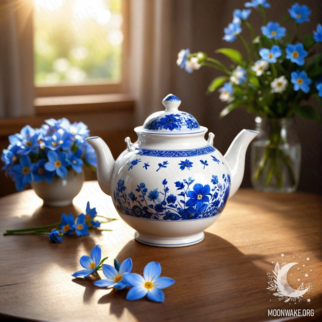 Porcelain Teapot with Blue Flowers on Wooden Table A porcelain teapot filled with blue flowers is placed on a calm round wooden table illuminated by sun rays.
