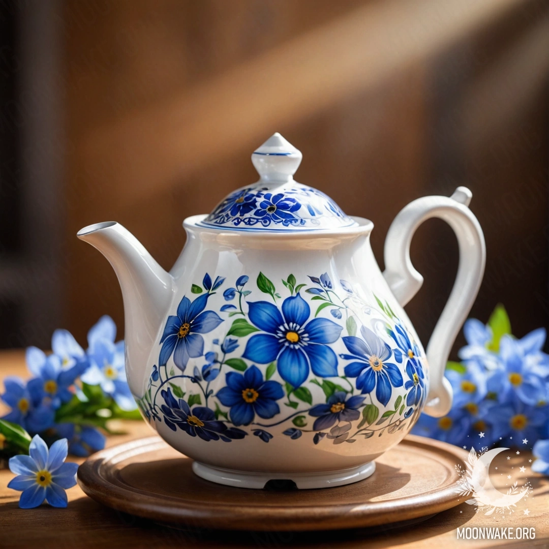 A round wooden table with a porcelain teapot filled with blue flowers and sunlight pouring in.