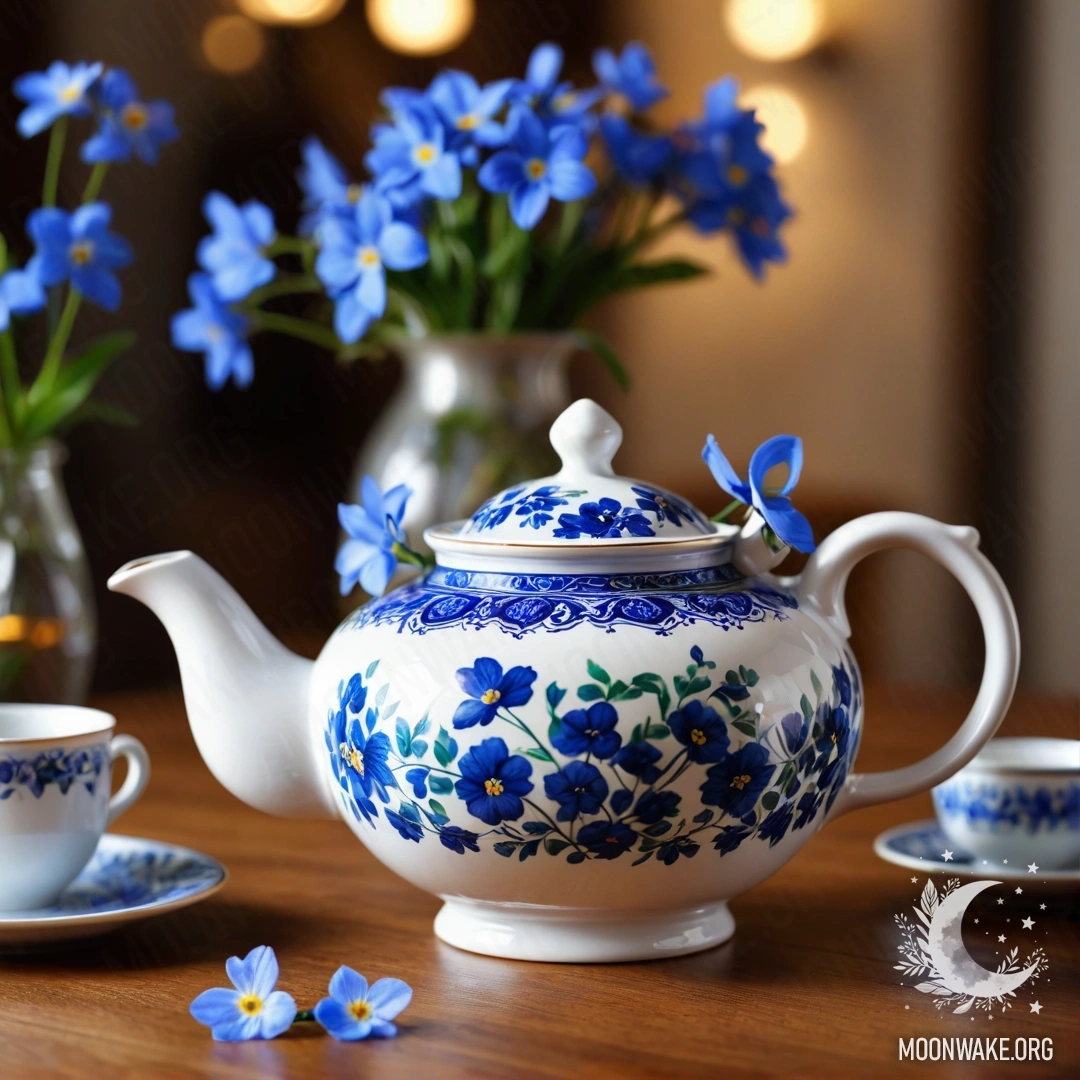 A round wooden table with a porcelain teapot filled with blue flowers, surrounded by soft garland lights.