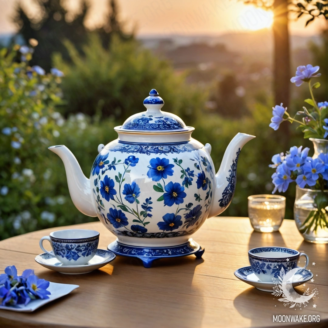 A round wooden table with a porcelain teapot containing blue flowers, set against a sunset backdrop.
