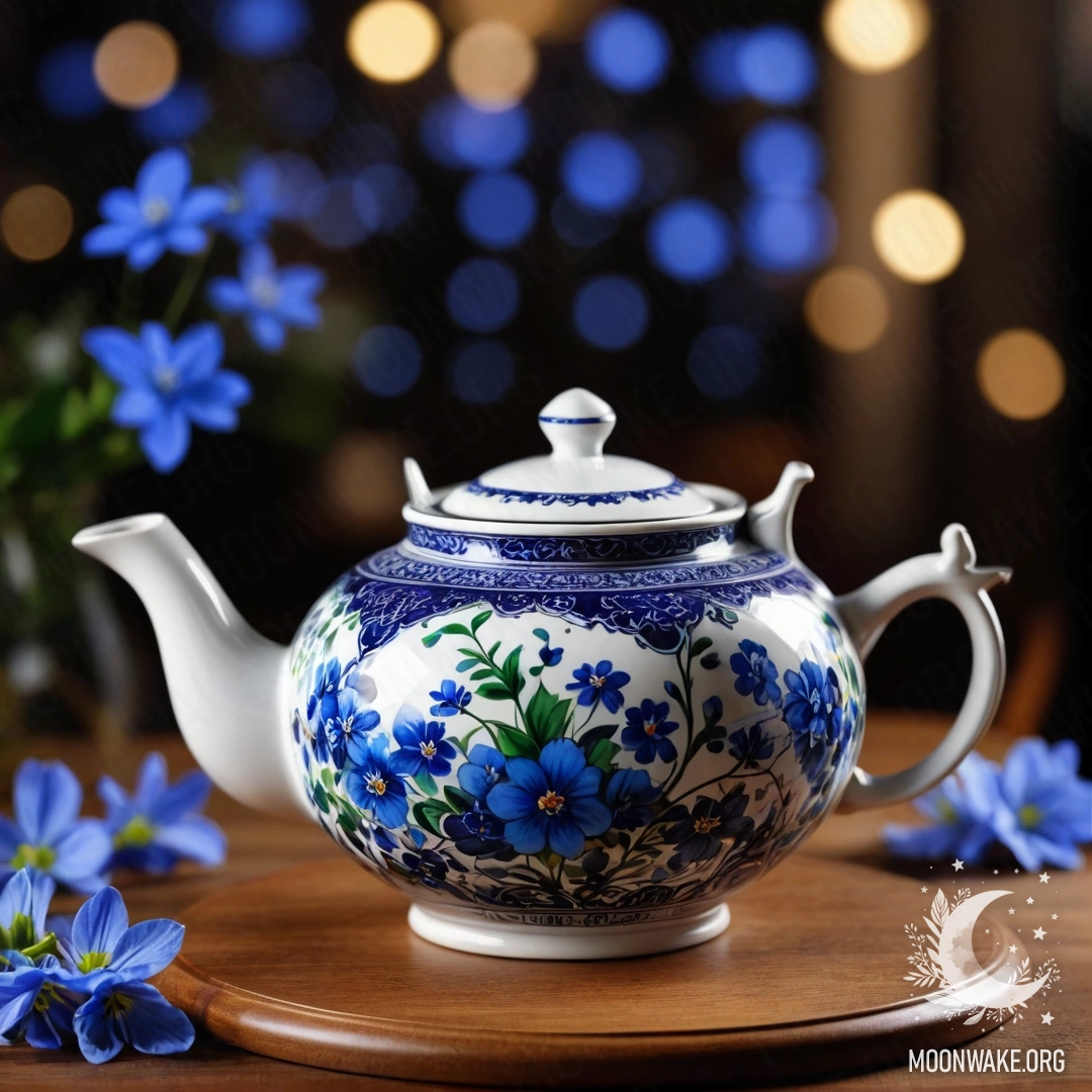 Porcelain Teapot with Blue Flowers on Wooden Table at Night A round wooden table with a porcelain teapot containing blue flowers, set at nighttime.