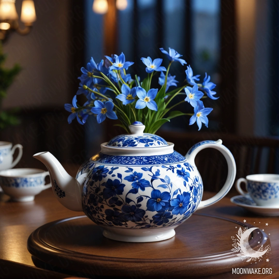 A wooden table with a porcelain teapot containing blue flowers under the night sky.