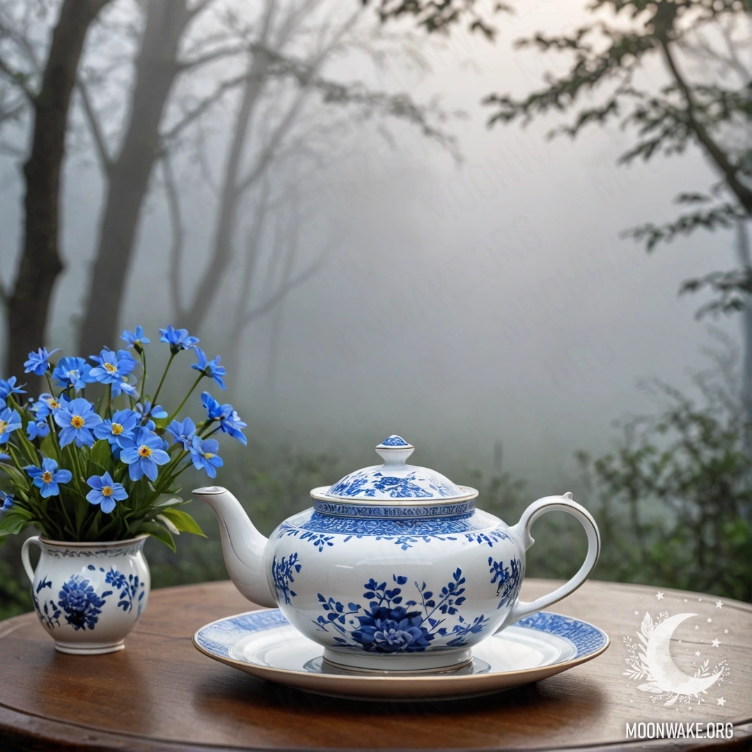 Porcelain Teapot with Blue Flowers on Wooden Table A round wooden table with a porcelain teapot filled with blue flowers amidst dense fog.