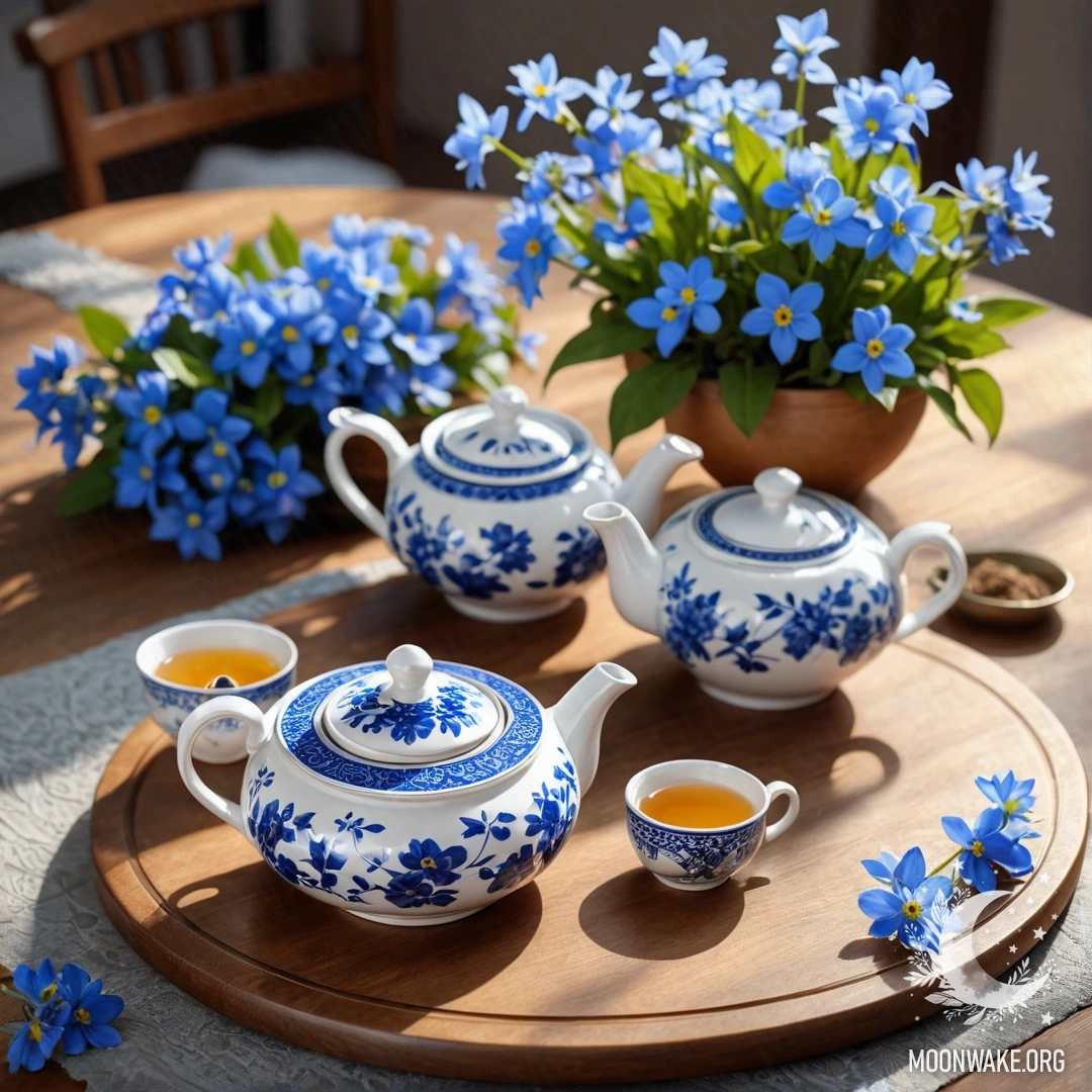 Porcelain Teapot with Flowers A photorealistic image of a round wooden table featuring a porcelain teapot adorned with blue flowers gently illuminated by sun rays.