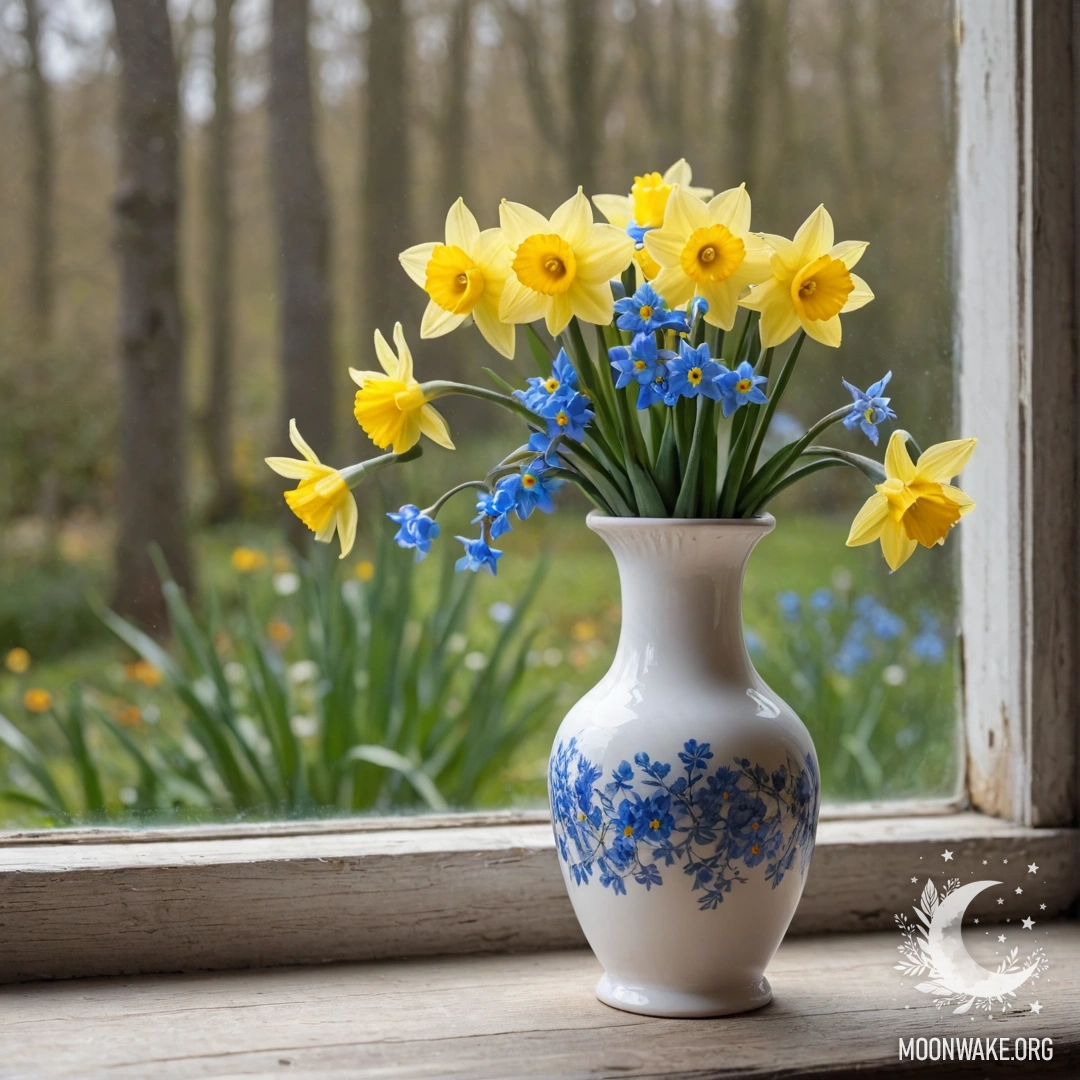A shabby wooden window sill adorned with a white porcelain vase filled with daffodils and forget-me-nots.