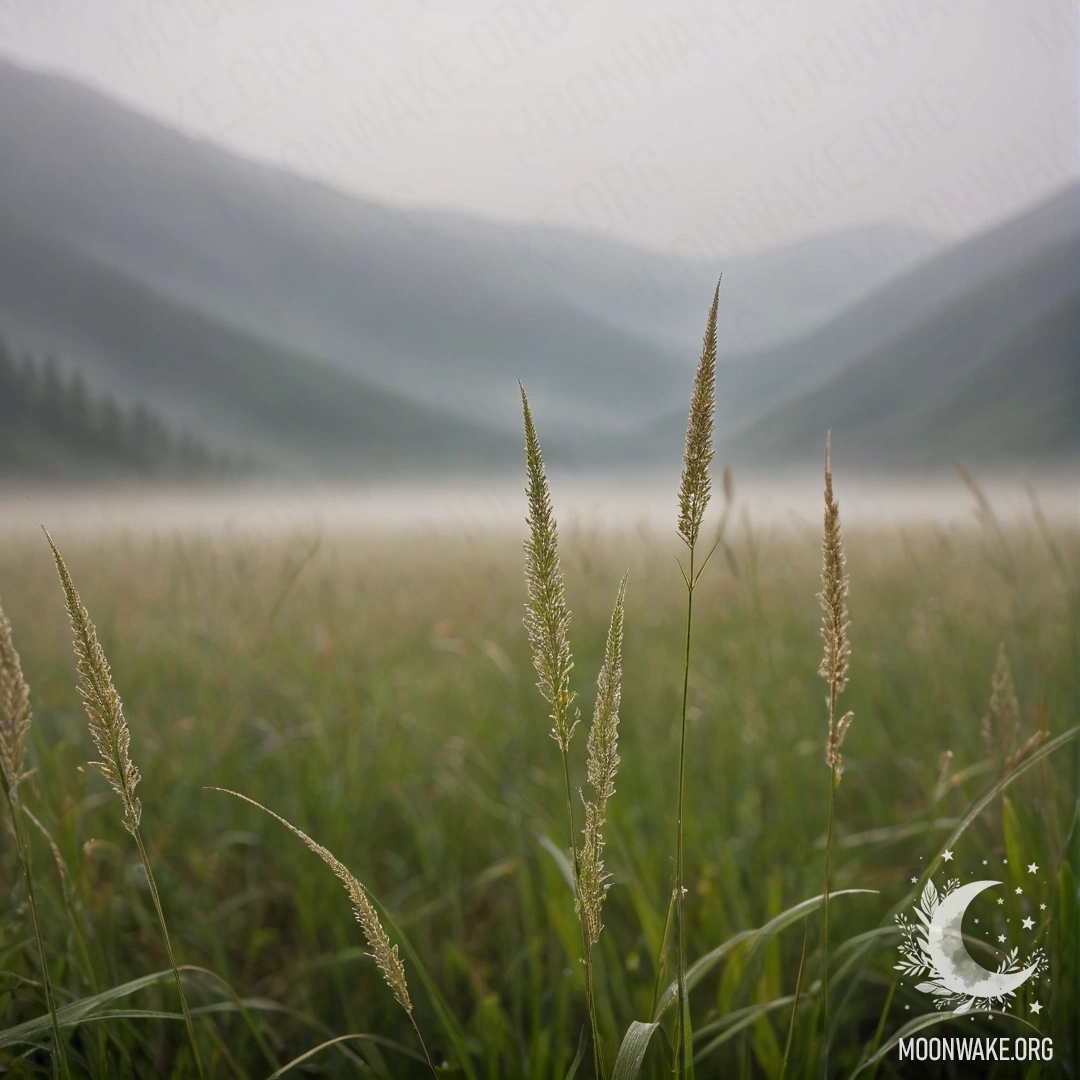 Close-up of soft grass in a field against a mist-covered mountain background.