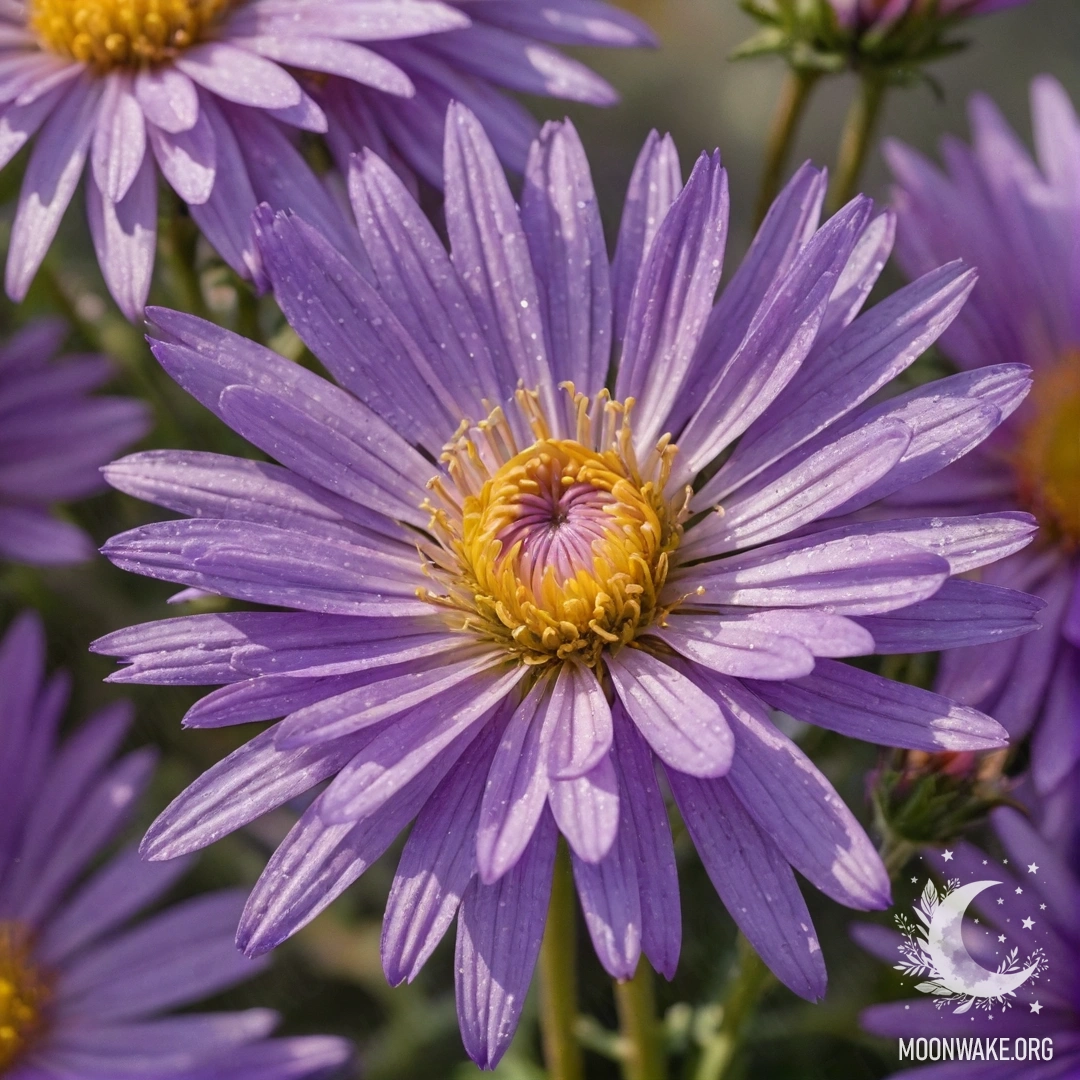 A watercolor painting of a bouquet of purple asters surrounded by a web with sunny rays.