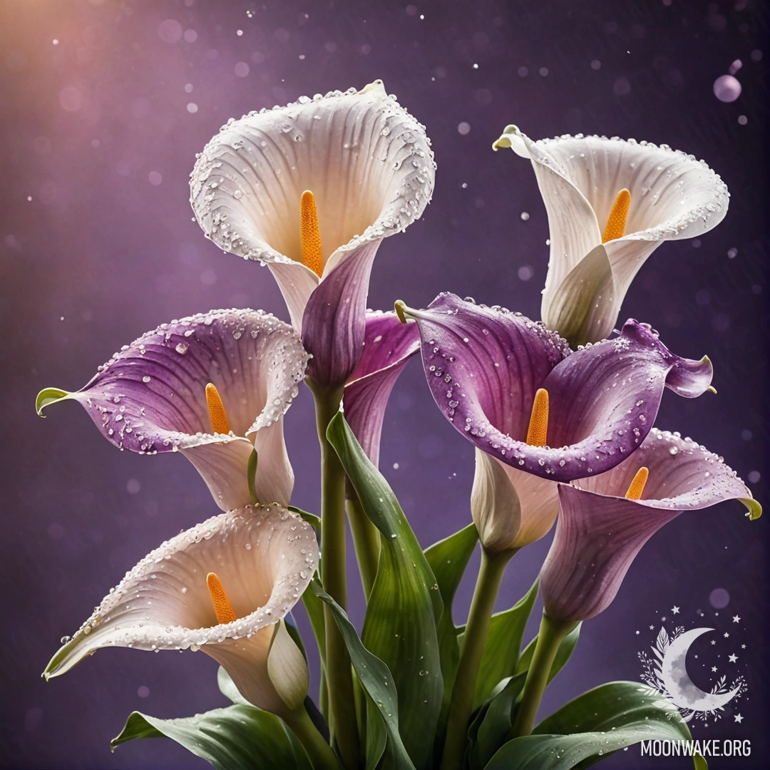 Calm purple calla lilies adorned with rhinestones at sunset.