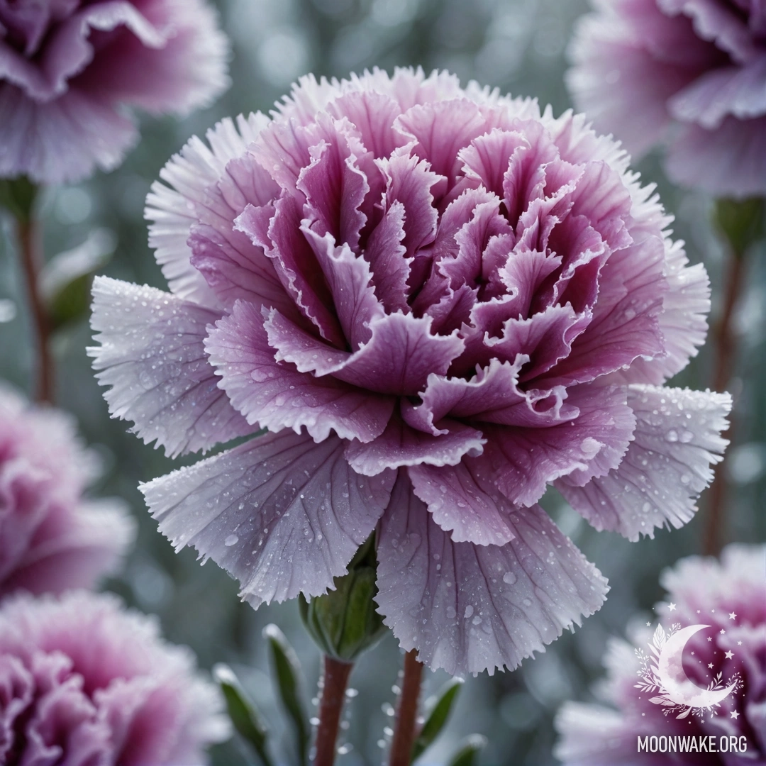 Purple Carnation in Frost Patterns A beautiful purple carnation surrounded by intricate frost patterns.