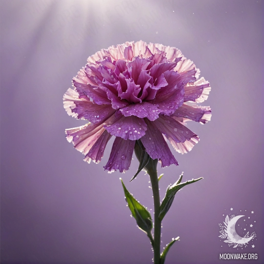 A purple carnation surrounded by mist and sunlight with sequins.