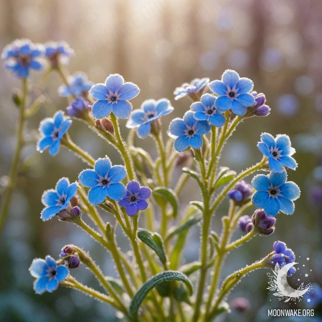 A field of delicate purple forget-me-nots adorned with frost and sunlight