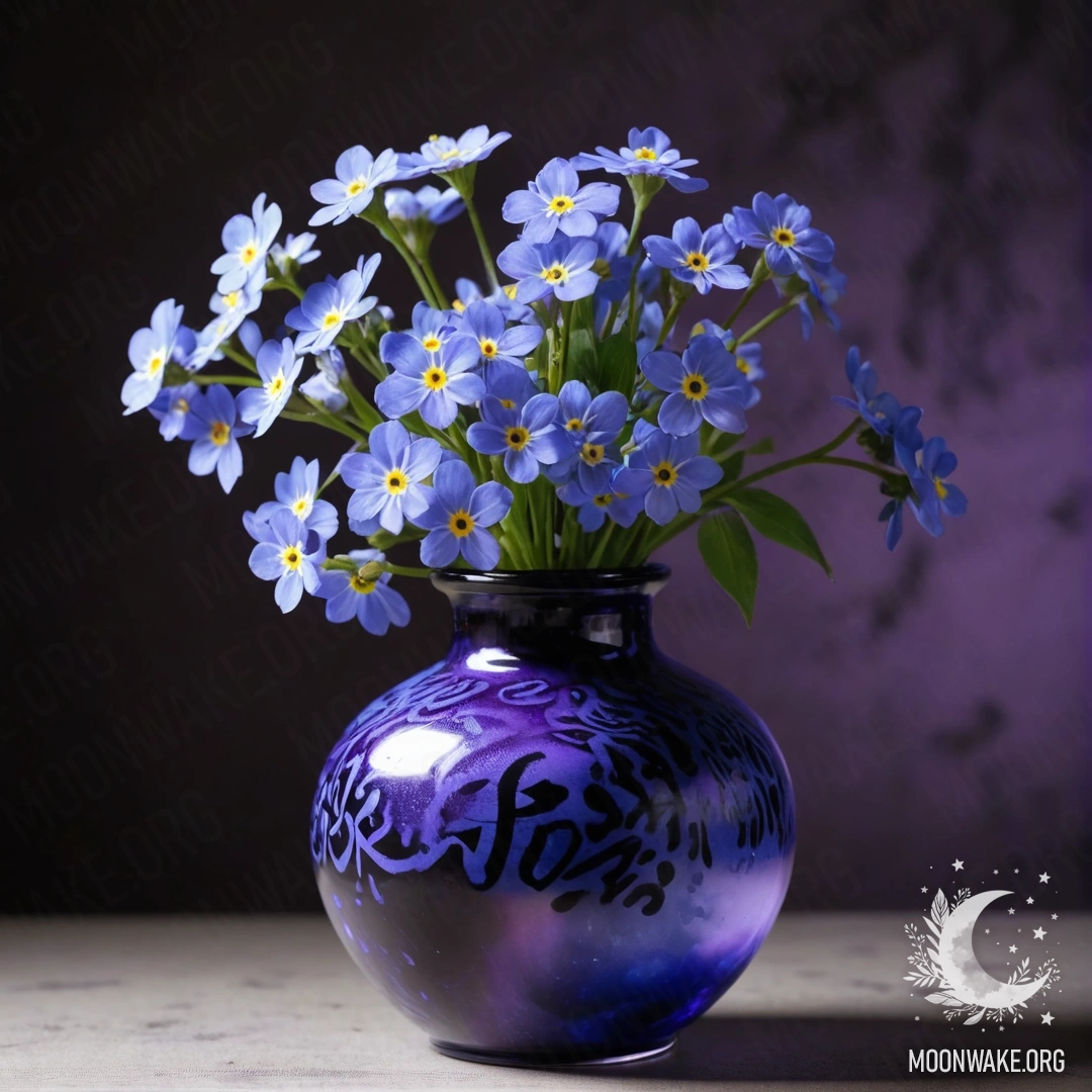 A vase filled with peaceful purple forget-me-nots surrounded by mist at night.