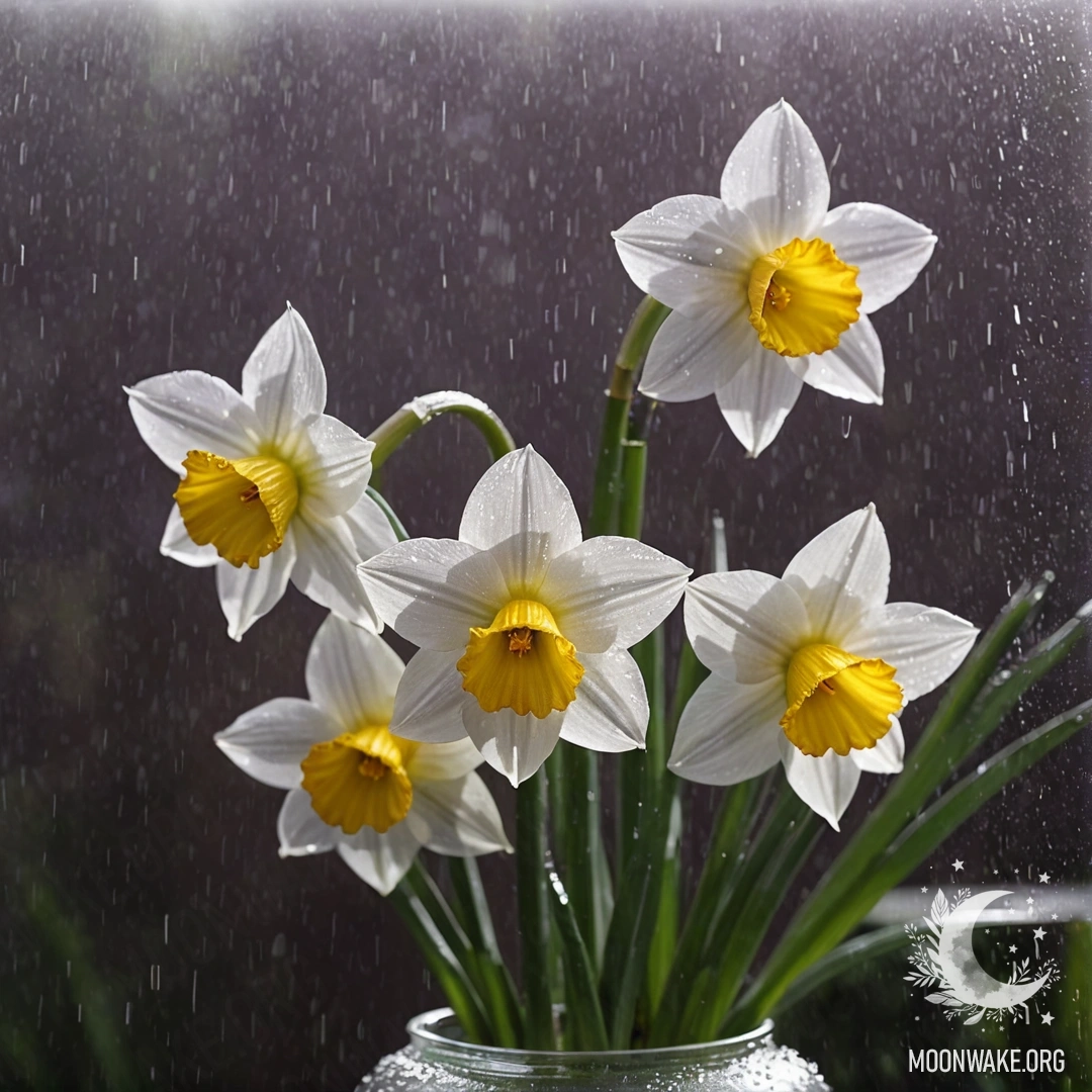 Purple Narcissus in Misty Rain A purple narcissus in a vase, surrounded by mist and raindrops, with rays of sunshine filtering through.