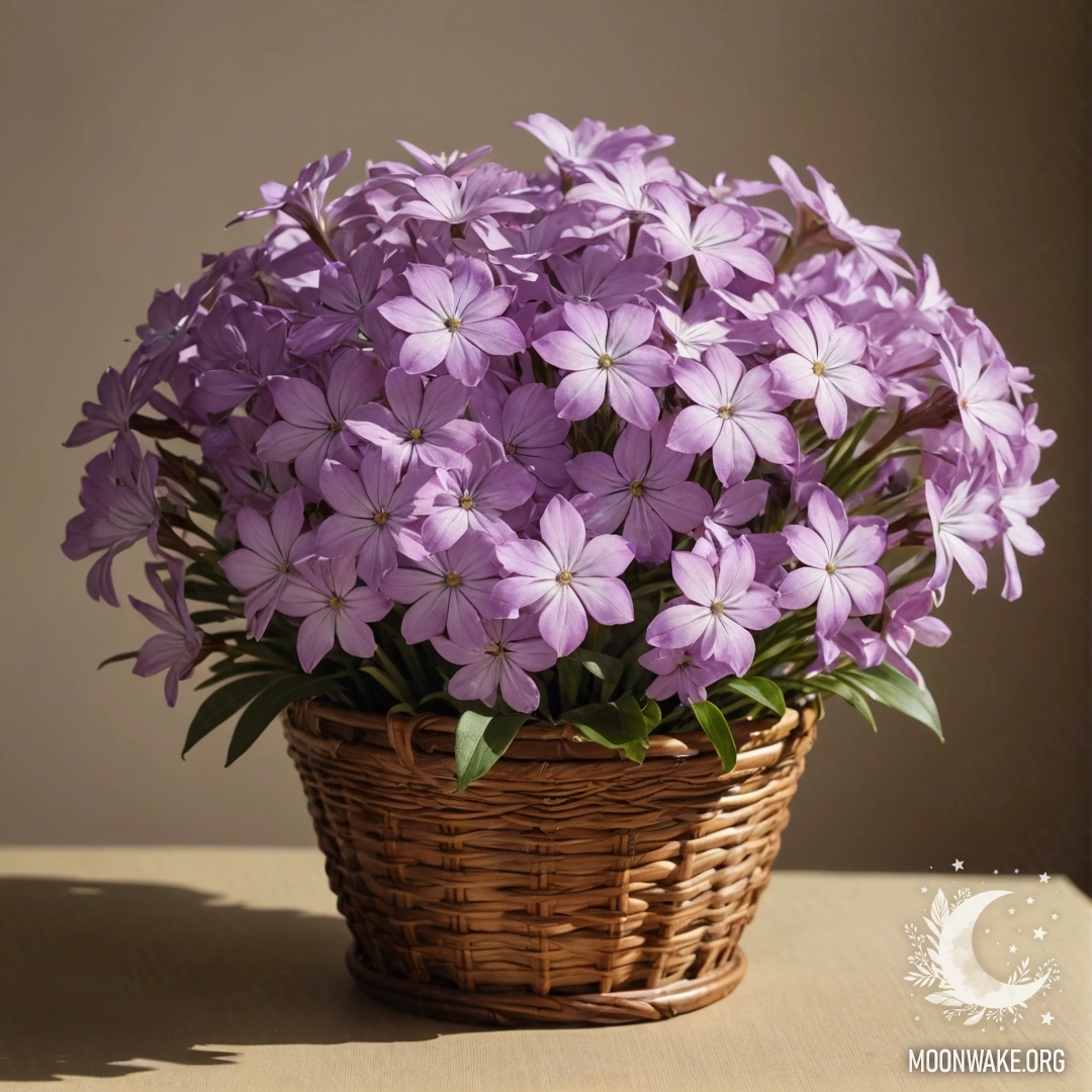 A basket filled with purple phlox flowers, illuminated by warm sunlight.