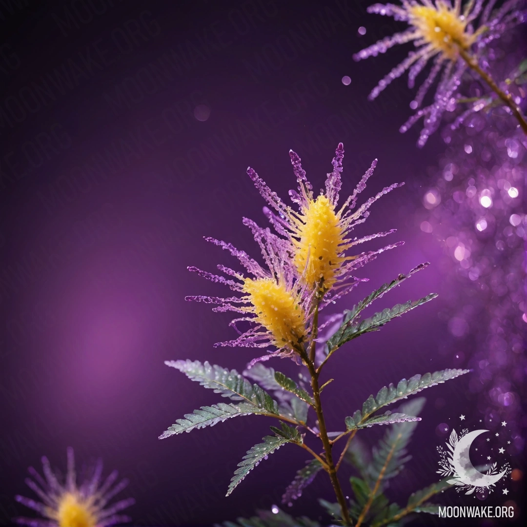 A minimalistic representation of a purple mimosa at night with sequins.