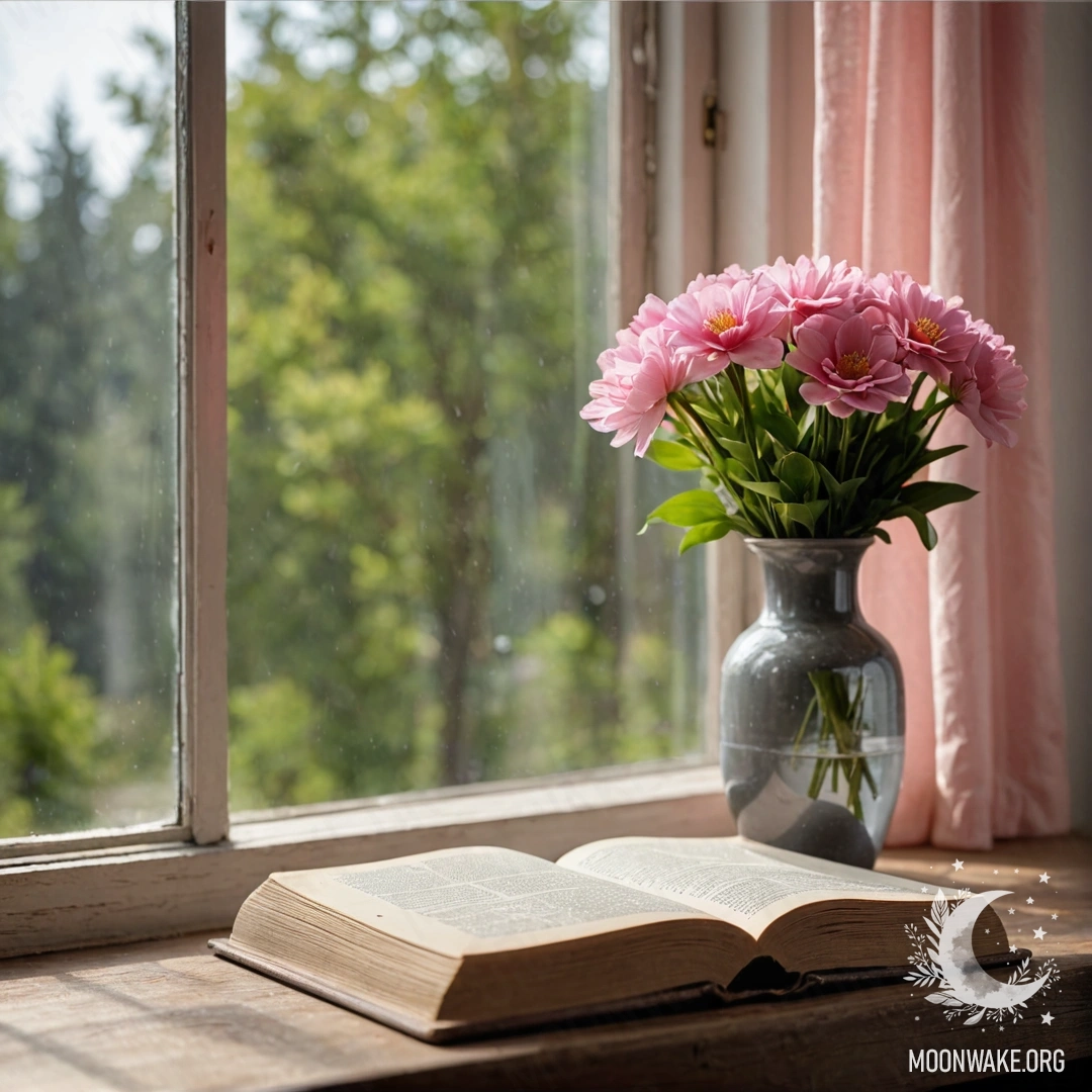 A wooden window sill featuring an old shabby book and a gray vase with pink flowers, adorned by pink curtains.