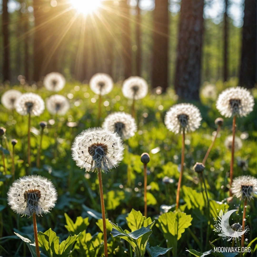 Radiant Dandelions in a Serene Meadow A close-up view of dandelions in a peaceful field, with a bokeh forest and sun rays in the background.