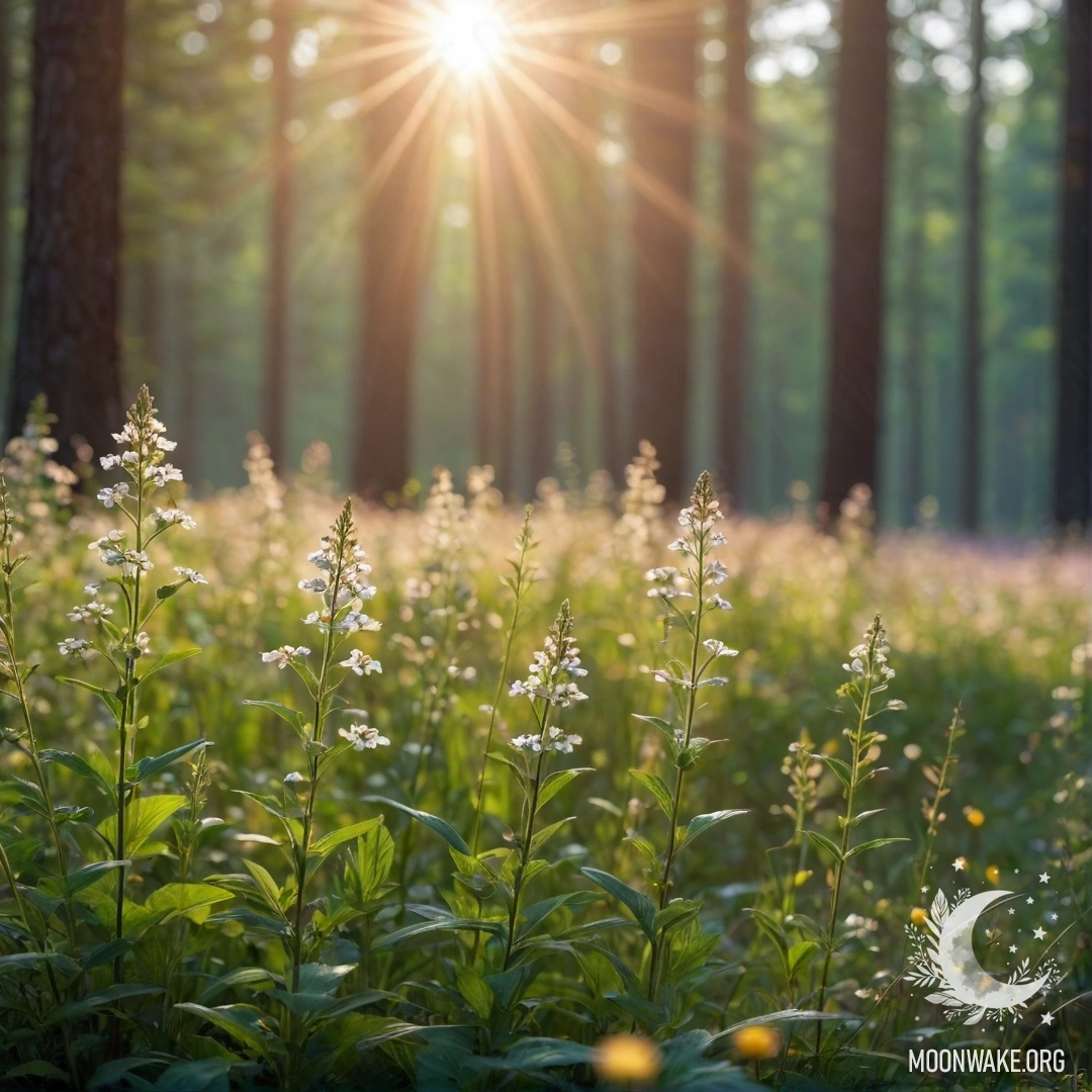 Close-up of colorful flowers in a sunny field with a blurred forest background.