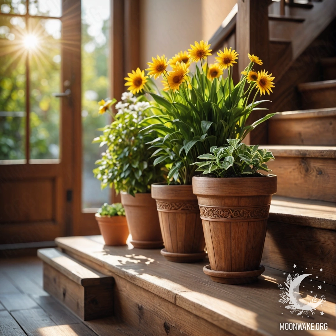 A sunny wooden staircase adorned with flowerpots.