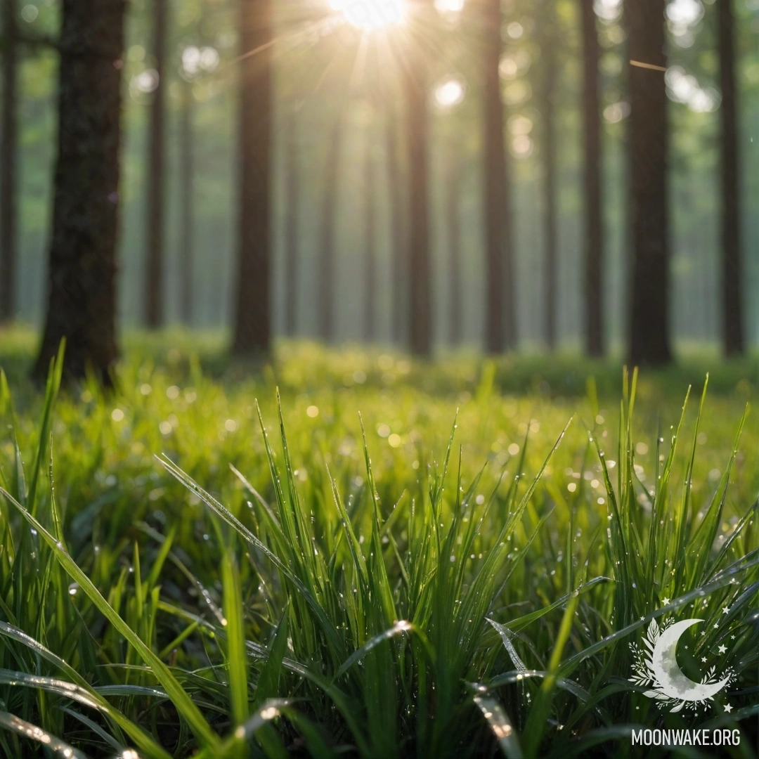 Close-up of grass with a bokeh background of a forest, illuminated by sun rays.