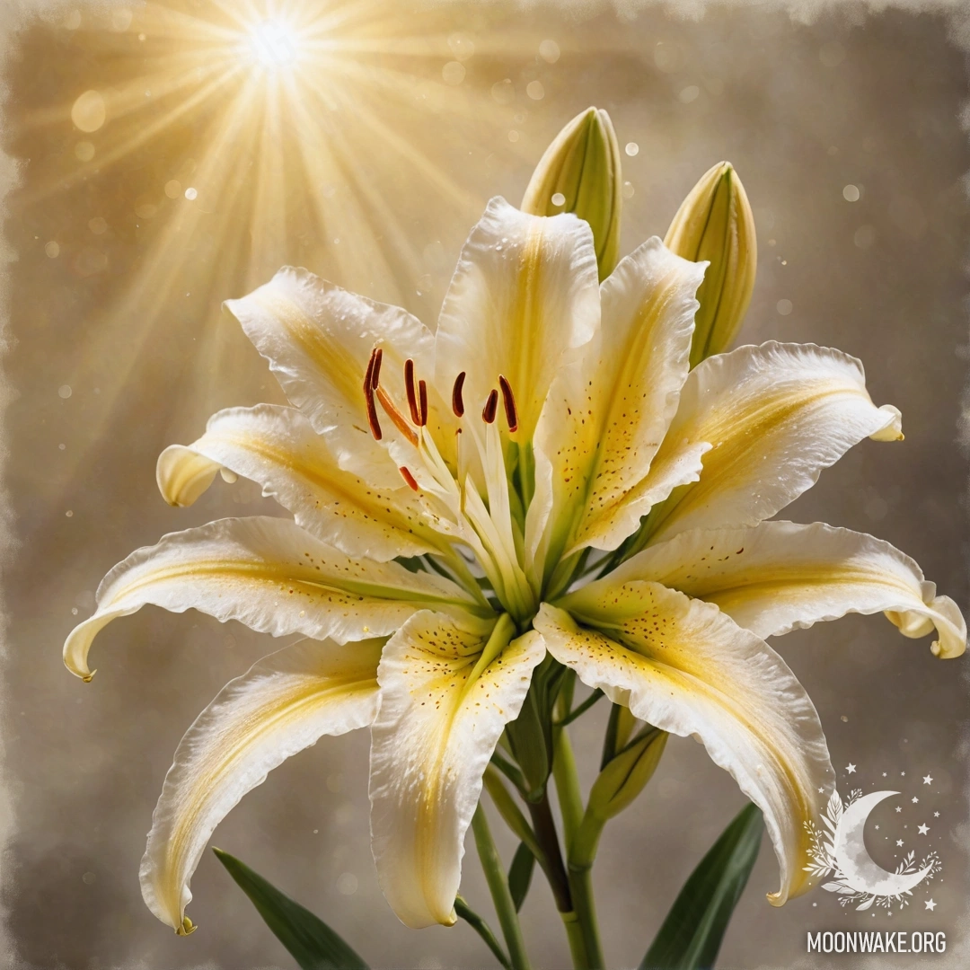 A peaceful scene with a lily surrounded by a web and sunny rays.
